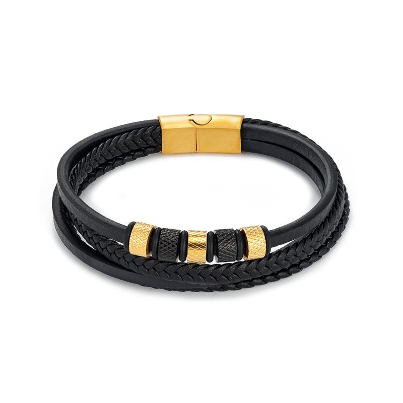 Pulseira de aço inoxidável de luxo com miçangas, joias masculinas clássicas, multicamadas, pulseira de couro trançado,