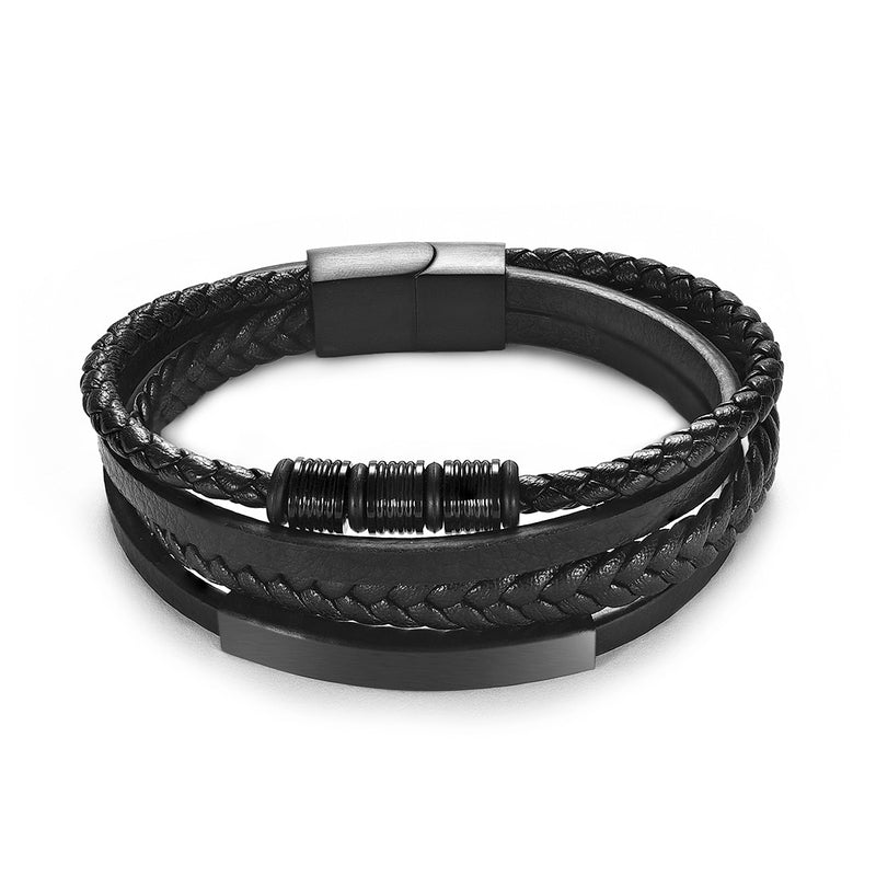 Pulseira de aço inoxidável de luxo com miçangas, joias masculinas clássicas, multicamadas, pulseira de couro trançado,