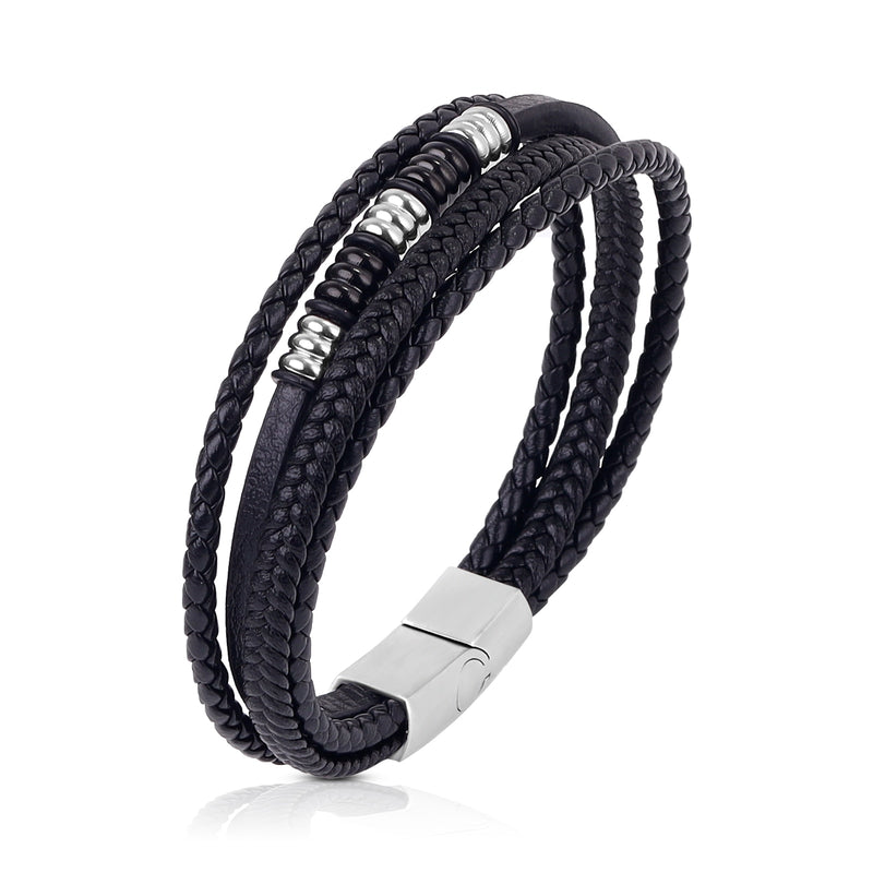 Pulseira de aço inoxidável de luxo com miçangas, joias masculinas clássicas, multicamadas, pulseira de couro trançado,